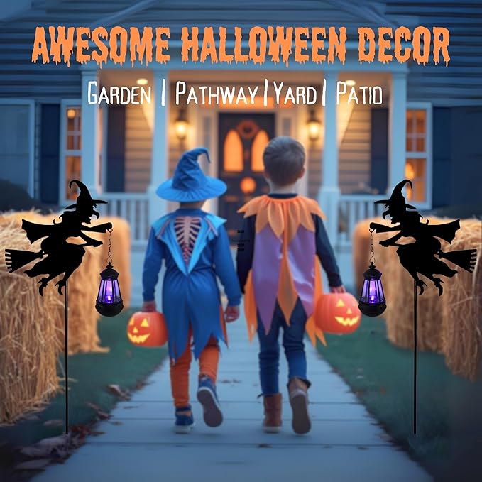 Fairy Garden Accessories Lawn Ornaments 1 Pair - Solar Lights Halloween Decorations Outdoor Garden Statue, Metal Stakes Decorative Figurines for Yard Decor, Patio (Witch)