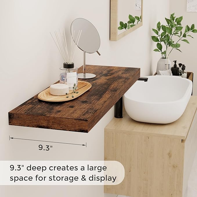 Fun Memories 32 Inch Floating Shelves, Farmhouse Wood Floating Shelf Set of 2, 32 x 9 Floating Shelf Wall Mounted, Deep Storage Display Shelves for Kitchen, Bedroom, Living Room, Rustic Brown Color