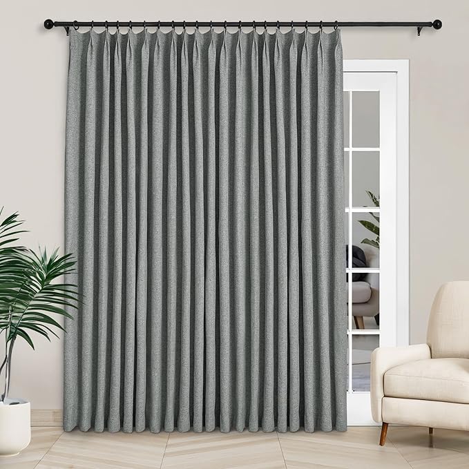 Macochico Extra Wide Full Blackout Linen Curtains for Sliding Door Mid Grey Pinch Pleated Linen Curtains 96 Inches Long for Bedroom Living Room Farmhouse with Tieback 120”Wx96”L 1 Panel