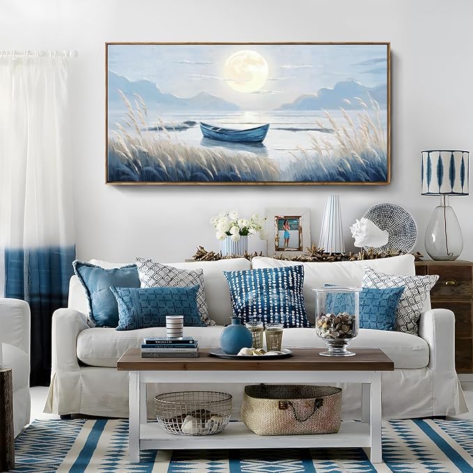 amatop Oversized Framed Coastal Wall Art for Living Room Blue Boat Moon Sea Picture Landscape Canvas Print Calming Night Ocean Lake Scene Large Artwork Nautical Bedroom Office Wall Decor 58x29 In