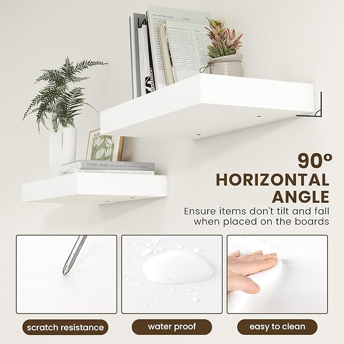 Deep Floating Shelves for Wall | 24 Inch Wide x 12 Inch Deep White Floating Shelves | 24W x 12D Rustic Wood Wide Wall Shelves | Bookshelf Laundry Shelf TV Shelf