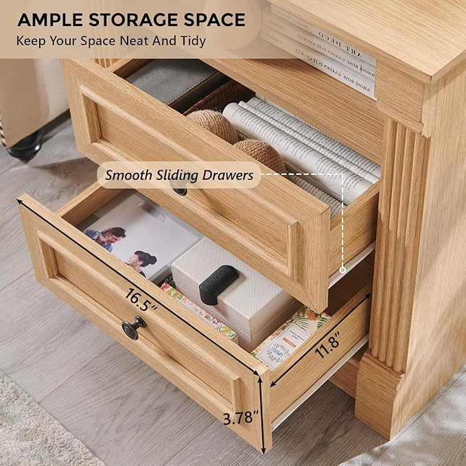 26" Tall Farmhouse Nightstand, 2 Drawers End Table w/Charging Station, 23.6" Wide Large Side Table w/Roman Column, Wood Rustic Sofa Table w/Open Shelf, Bedside Table for Bedroom, Natrual