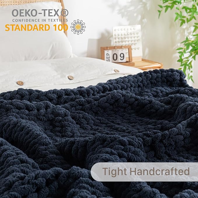 Chunky Knit Blanket Throw, 100% Hand Knit Throw Blanket Handmade Chenille Cable Knit Throw for Couch, Stylish Cozy Soft Rope Knot Crochet Blanket for Home Decor, Navy Blue, 50x60 Inches