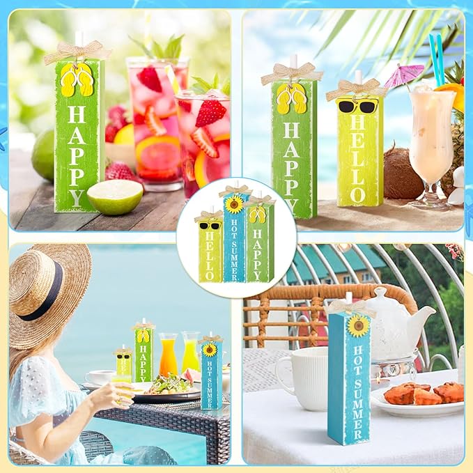 3 PCs Wooden Tiered Tray Decor Hello Happy Hot Summer Rustic Table Decor Block Signs for Beach Island Home Office Decorations (Summer-1)
