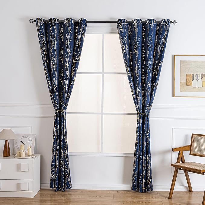 Grommets Blackout Long Window Curtains Navy Blue Gold-52W*84L 2PCS Drapes for Bedroom