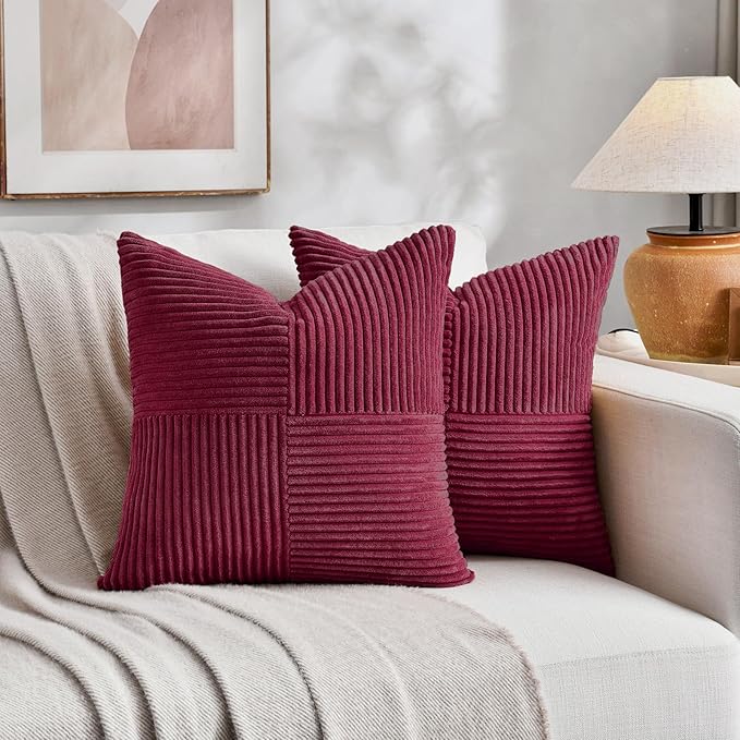 Fancy Homi 2 Packs Burgundy Samll Decorative Throw Pillow Covers 14x14 Inch with for Couch Bed Sofa, Rustic Farmhouse Boho Home Decor, Soft Corss Patchwork Corduroy Square Cushion Case 35x35 cm