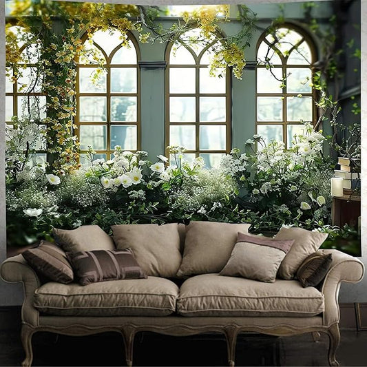 FENDROM Window View White Flower Tapestry Nature Landscape Classic Flower Vine Wall Hanging Party Decorations For Bedroom Living Room Dorm