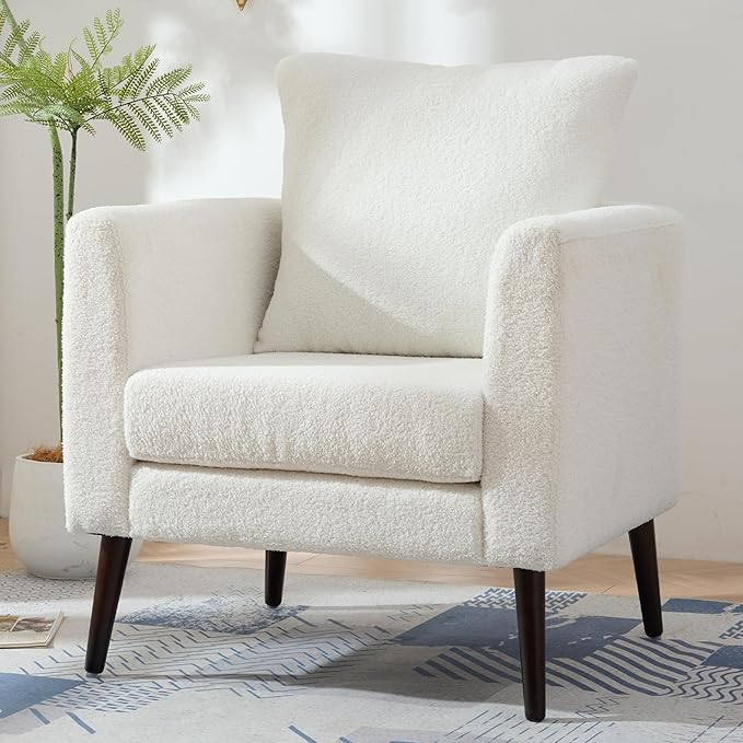 Barrel Accent Chair with Back Pillow, Large Teddy Upholstered Armchair with Solid Wood Legs Modern Reading Chairs for Living Room Bedroom