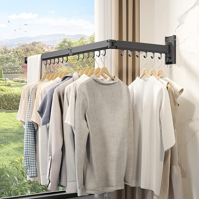 Wall Mounted Clothes Drying Rack,Laundry Drying Rack Wall Mount,Clothes Hanger,Drying Rack Clothing,Retractable Laundry Rack for Hanging Clothes,Collapsible,Foldable,Grey-Hooks