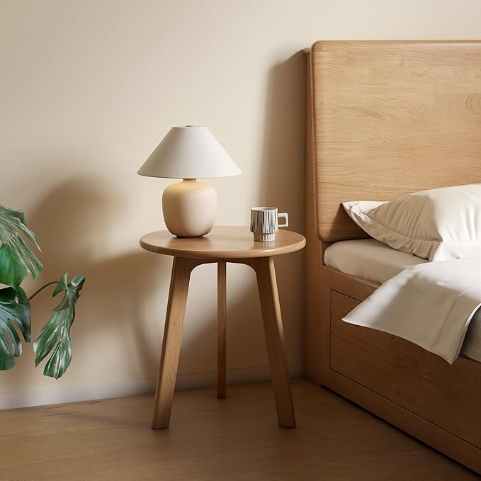 100% Solid Oak Round Side Table Set of 2, Small Bedside Table for Small Spaces, Living Room End Table with Stable Frame, Modern Nightstand for Bedroom Couch(Natural, 17.71" D x 19.68" H)