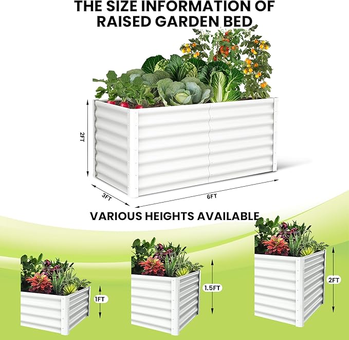 Galvanized Raised Garden Bed Outdoor, 2 Pcs 6x3x2FT Outdoor Large Planter Raised Beds Open Base with Safety Edge and Glove for Vegetables Flowers Ground Planter, White