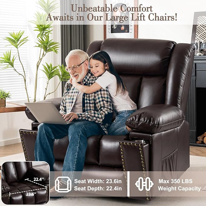 Electric Power Lift Recliner Chair for Elderly with Heat & Massage, Large Breathable Leather Reclining Chairs w/2 Concealed Cup Holders for Seniors Home Living Room,Bedroom,1PC,Brown