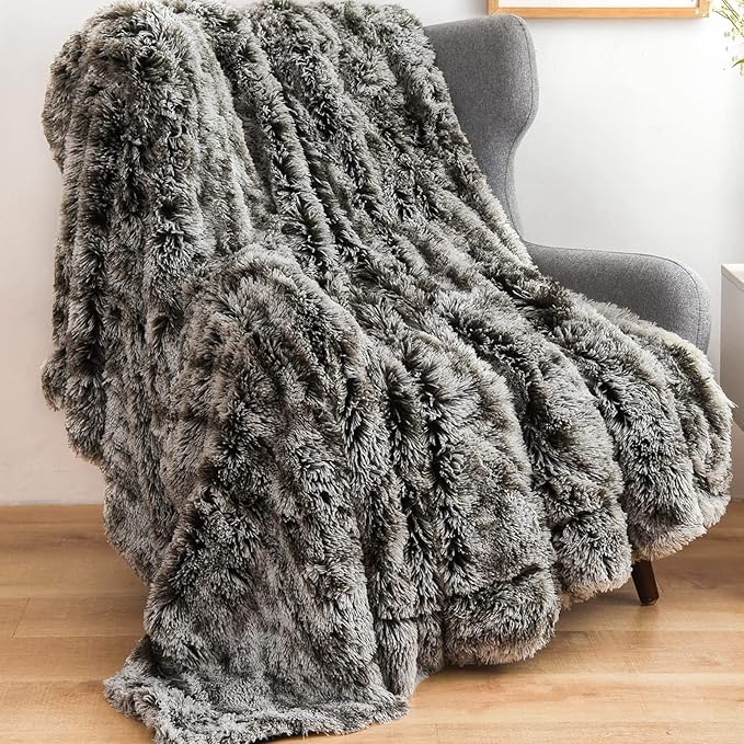 GONAAP Fuzzy Faux Fur Throw Blanket Twin Size Frosty Black Super Soft Cozy Plush Fuzzy Shaggy Blanket for Couch Sofa Bed (Frosty Black, Twin(60"x80"))