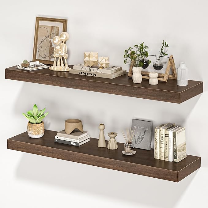 Floating Shelves for Wall, 36" W x 8" D x 1.5" H, Wooden Wall Mounted Display Shelves with Invisible Brackets for Living Room, Bedroom, Bathroom, Kitchen Decor and Storage, Set of 2, Walnut