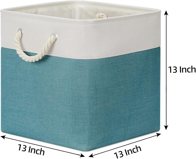 Bidtakay Fabric Baskets for Closets Shelves Lined Set of 3 Large Square Collapsible Storage Bins for Organizing 13 X 13 Cube Storage Bins for Pantry Organization Storage(Teal Blue)