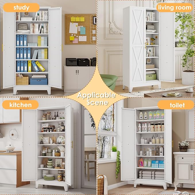 75" Tall Metal Kitchen Pantry Storage Cabinet, Freestanding Cupboard with 2 Doors and 5 Adjustable Shelves, Standing Storage for Kitchen, Bathroom, Garage, Dinning Room or Utility Room（White）
