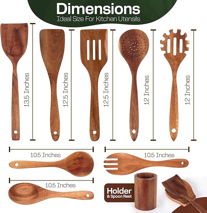 Wooden Spoons for Cooking Set of 10 - Cooking Utensils with Spoon Rest & Holder – Comfortable Grip & Easy to Clean - Wooden Spoon Set for Kitchen with four Hanging Hooks