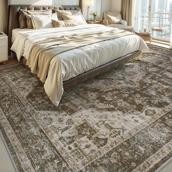 AMOAMI-3X5 Area Rug-Soft Washable Vintage Throw Accent Rugs for Living Room, Entryway, Bedroom, Kitchen, Bathroom, Laundry Room, Kitchen, Bathroom, Bedside, No Slip Brown/Coffee