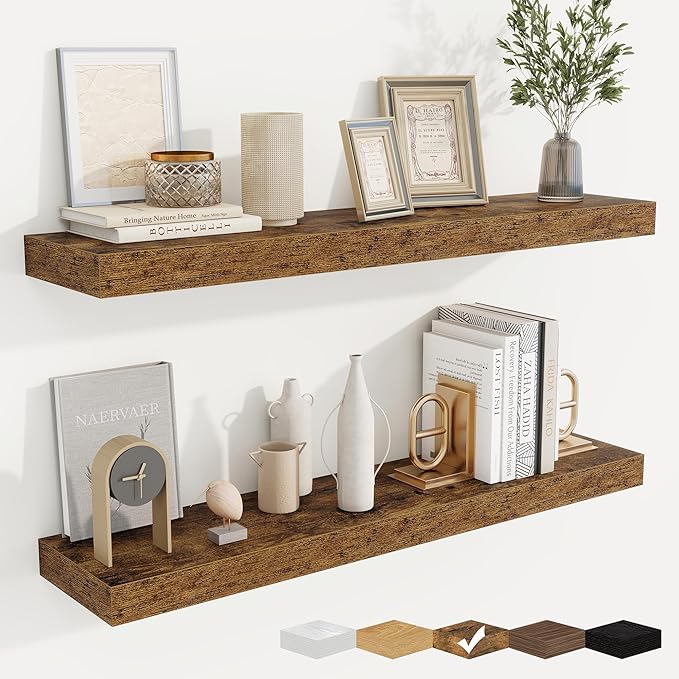 fuqing Floating Shelves for Wall, Bathroom Shelf Wall Mounted for Storage, Shelves with Invisible Bracket for Bedroom, Kitchen, Living Room, Farmhouse Small Book Shelf, 36 Inch Set of 2, Rustic Brown