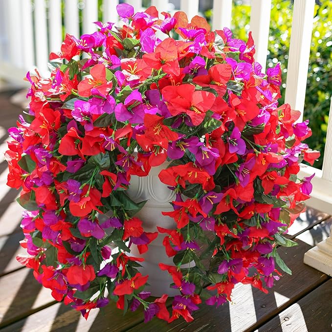 Faux Bougainvillea Artificial Flowers Plants for Outdoors Outside Decoration, 2pcs Fake Flowers Silk Long Trailing Vines UV Resistant Realistic for Front Door Porch Planter Urn Patio Balcony Yard, Mix