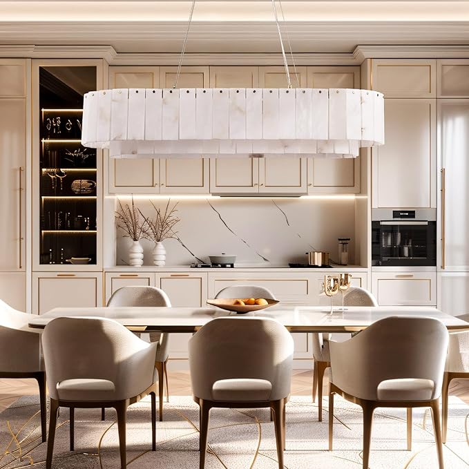 Alabaster Rectangular Chandelier for Dining Room, L39in Modern Chandeliers, Adjustable Marble Pendant Light Fixture, Rectangle Chandelier for Dining Table Living Room Kitchen Island (Bulbs INCL)
