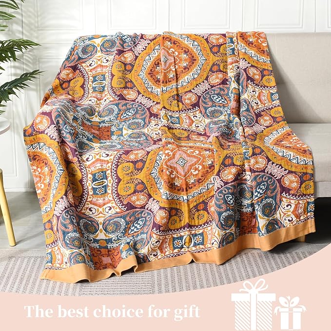 Boho Throw Blanket for Bed - 100% Pure Cotton Ultra Soft Rustic Quilt - Farmhouse Decor Bed Blankets, All Season Rustic Throw for Sofa Couch Chair(60"×80", Boho Flover)