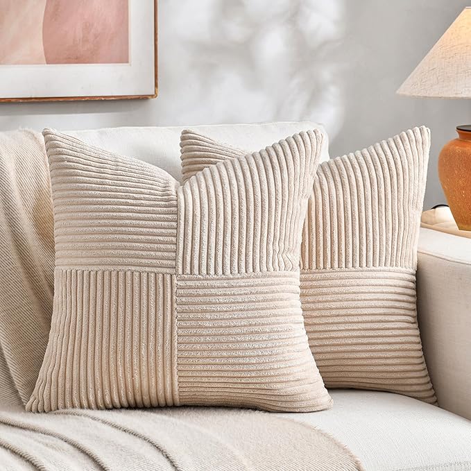 Fancy Homi 2 Packs Tan Euro Decorative Throw Pillow Covers 28x28 Inch for Living Room Couch Bed, Farmhouse Boho Home Decor, Soft Corss Corduroy Patchwork Textured Square Beige Cushion Case 71x71 cm