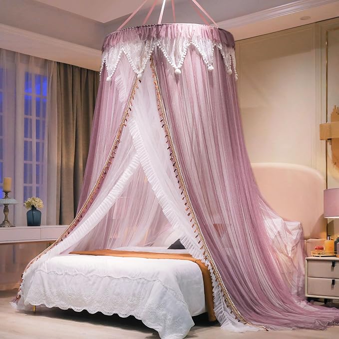 AIKASY Girls and Adults Canopy Bed, Elegant Double-Layer Bed Curtain, Children's Dream Round Lace Mosquito Net, Princess Canopy Net - Fits Twin, Full, Queen, and King Beds (White/Red Bean)