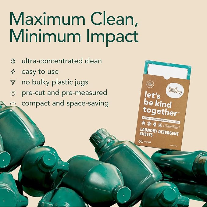Kind Laundry Detergent Sheets with Stain-Fighting Enzymes - Plant Powered Eco-Friendly Laundry Soap Sheets - Home or Travel Laundry Detergent Fragrance Free, 120 Loads (Mom's Choice Award Winner)