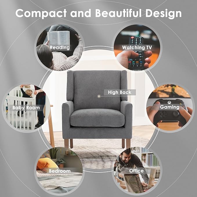 COLAMY Modern Wingback Living Room Chair Set of 2, Upholstered Fabric Accent Armchair, Single Sofa Chair with Lounge Seat and Wood Legs for Bedroom/Office/Reading Spaces, Gery