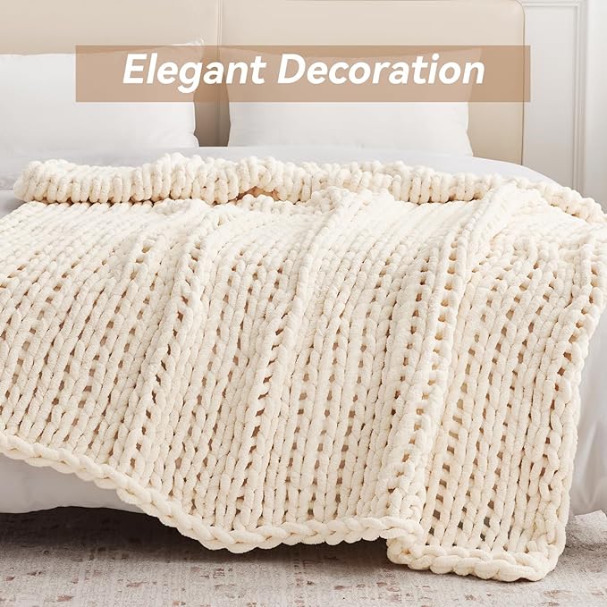 Chunky Knit Throw Blanket, 60''*80'' Knitted Throw Chenille Yarn for Bed Couch, Handmade Cream Crochet Big Thick Blanket, Machine Washable Cute Comfy Blanket for Home Decor