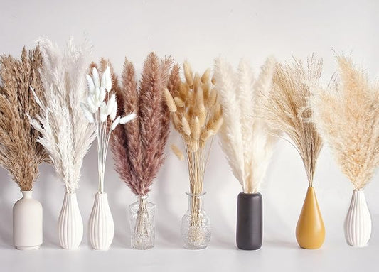 130 PCS Dried Pampas Grass Bouquet, Boho Table Decor, Bunny Tails Dried Flowers, Brown Pampas, Fluffy Pompas, White Pampas Grass for Weddings, Home Decor, Rustic Parties, and Baby Shower Decorations