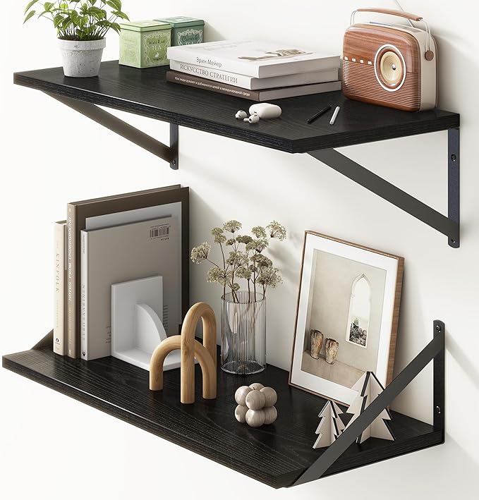 Deep Black Floating Shelves for Wall, 24"W x 10"D Wall Shelves Set of 2, 10 Inch Deep Floating Shelf with Brackets, Wide Display & Storage Shelves for Books, Living Room, Kitchen, Bathroom