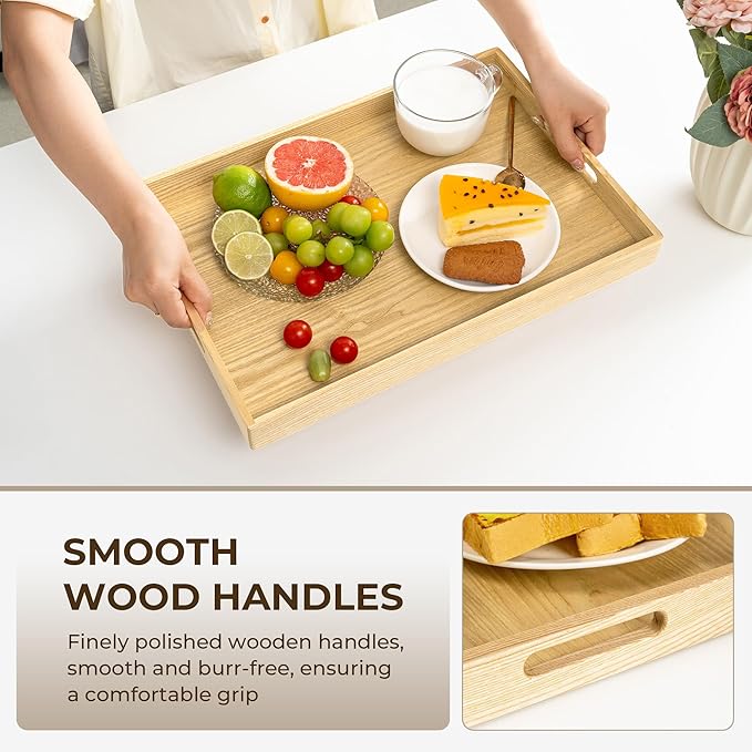 Axeman Wooden Serving Tray with Wood Handles|Ottoman Tray for Breakfast, Bed, Couch|17x12in Ash Wood Coffee Table Trays|Food Drinks Decorative Storage Boards for Ottoman Kitchen, Natural