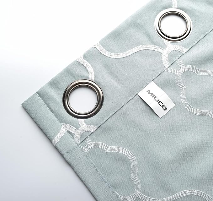MIUCO Moroccan Embroidery Semi Sheer Curtains Faux Linen Grommet Curtains for Living Room 52 x 84 Inch 2 Panels Set, Sea Foam