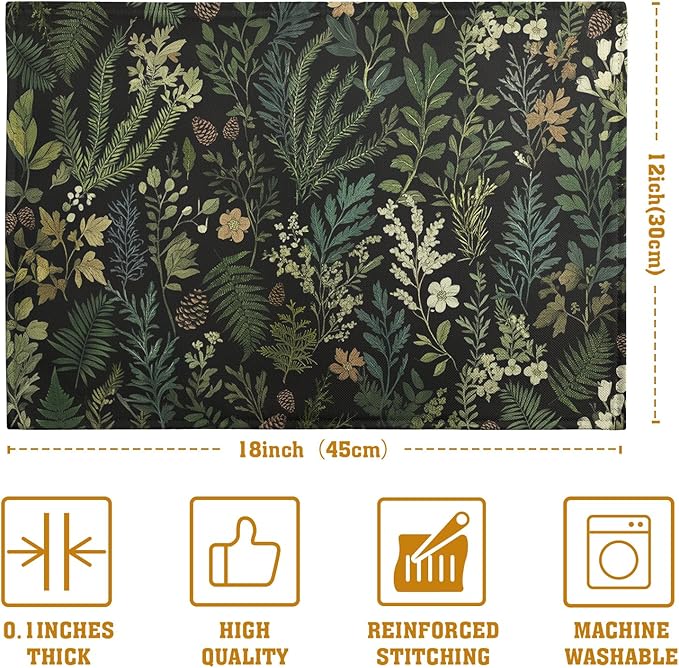 Black Sage Green Plant Placemats Set of 4 Vintage Botanic Fern Leaves Herb Floral Place Mats Rustic Farmhouse Linen Fabric Table Mats for Party Kitchen Dining Outdoor Indoor Decor