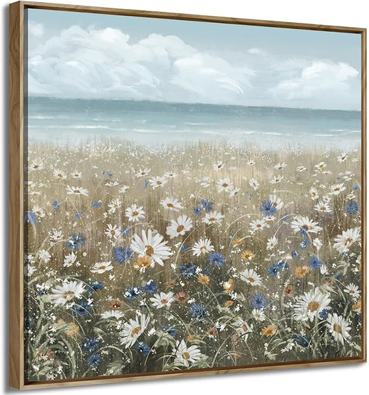 Framed Wall Art for Bedroom Decor Farmhouse Boho Beach Coastal Vintage Floral Ocean Wall Picture Daisy Flowers Sea Canvas Print Nautical Neutral Seascape Artwork for Home Living Room Bedroom Office
