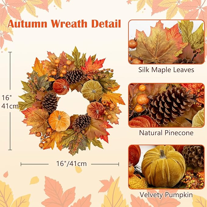 Fall Wreaths for Front Door 16'' Autumn Velvet Pumpkin Wreath with Metal Hook Harvest Maple Wreath Fall Decoration for Home Halloween Thanksgiving Decoration, Briful