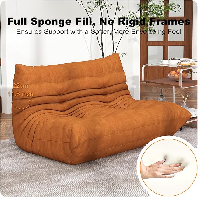 Full Foam Loveseat Sofa,Adults Bean Bag Chairs Floor Couch with Soft Waterproof Fabric,Armless Fireside Lounge Chair for Living Room,Apartment and Office (DarkOrange)