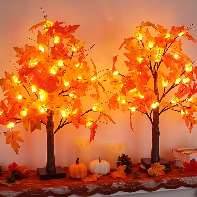 2 Pack 24 Inch Prelit Fall Maple Tree Fall Decor with 48 LEDs Timer Battery Operated Artificial Fall Light Up Tree Maple Acorn for Fall Thanksgiving Decorations Table Home Office Indoor Autumn Harvest