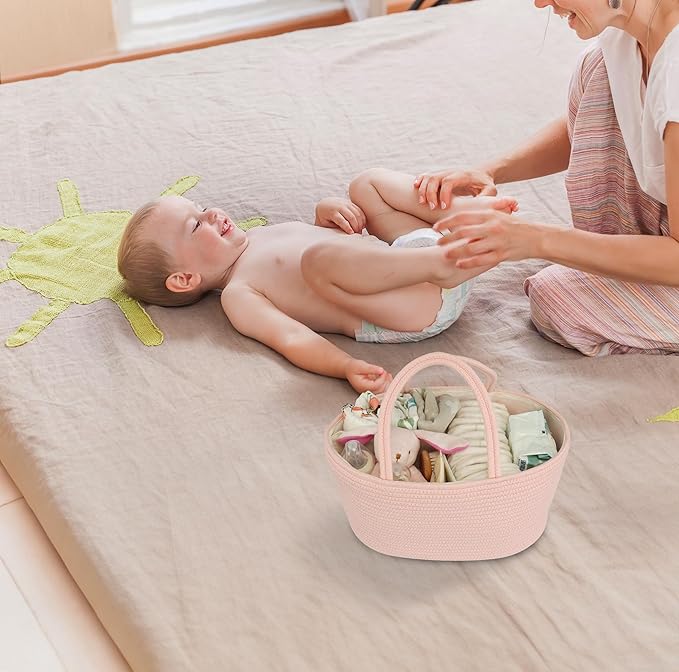 Diaper Caddy Organizer Cotton Rope Baby Basket Nursery Storage and Portable Tote Bag for Car Ideal Baby Shower Gifts and Registry Must-Have for Newborn Essentials large coral pink