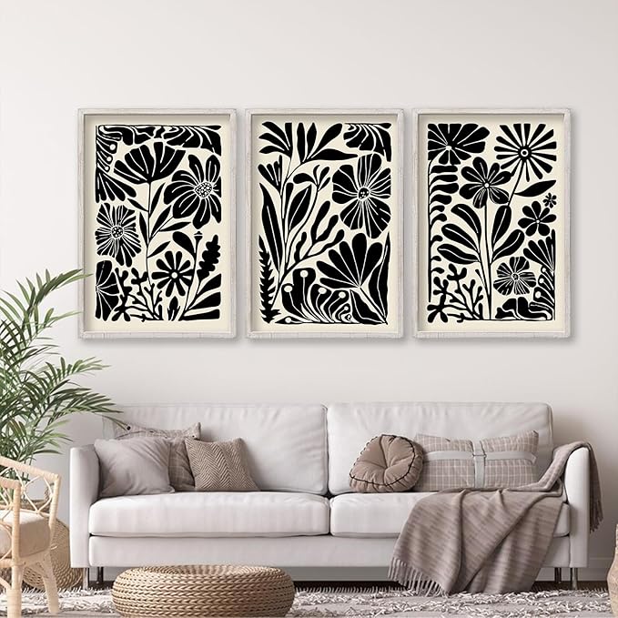 Abstract Floral Botanical Wall Art 16x11 Inch 3 Piece Black Vintage Boho Plant Flower Minimalist Wood Frame Sign Home Living Room Family Office Mid Century Print Wall Hanging Decor (White)