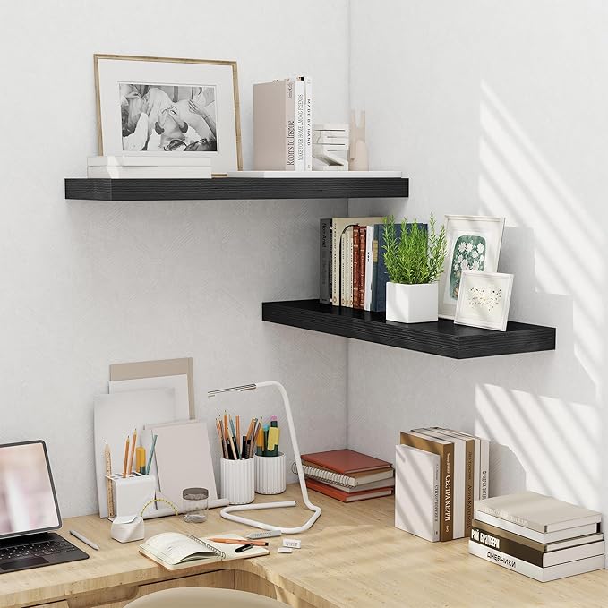 Fun Memories Floating Shelves for Wall, 32 Inch Long Floating Shelves Set of 2, 32 x 10 Wooden Shelves for Wall, Large Storage Shelves, Hanging Shelves for Bathroom Kitchen Bedroom, Black