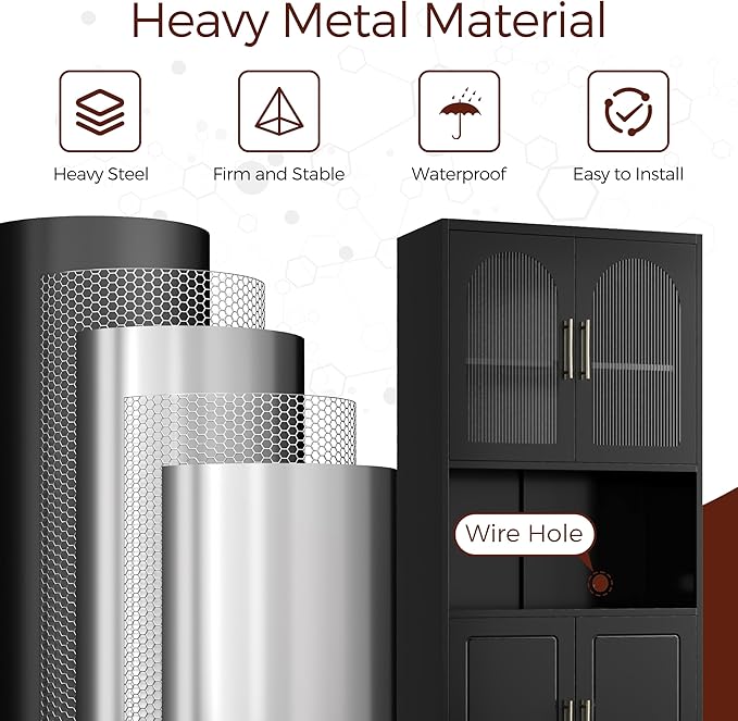 75" Tall Kitchen Pantry Cabinet, Metal Storage Cabinets with Acrylic Doors and Adjustable Shelves, Hutch Cabinet with Storage, Black Microwave Stand Cabinets for Dining Living Room