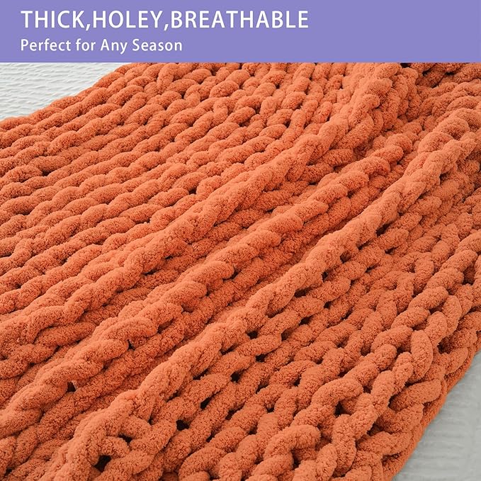 Bigacogo Chunky Knit Throw Blanket for Couch, 51x63 inches, 100% Hand Knitted with Thick Jumbo Chenille Yarn, Cozy Soft Large Rope Knot Cable Crochet Blankets for Sofa Bed Living Room, Terracotta