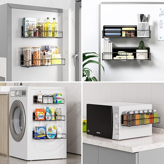 3 Pack Magnetic Spice Rack Organizer, Space Saver for Refrigerator and Whiteboard, Metal Fridge Shelf for Kitchen and Classroom, Black