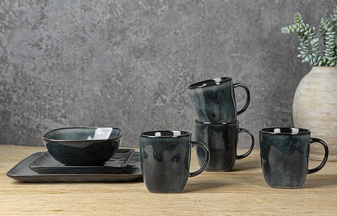 famiware Coffee Mugs Set of 4, Ocean Square 13oz Coffee Cup Set with Handle for Cocoa, Milk, Hot Chocolate, Stoneware Cups for Kitchen, Reactive Glaze, Microwave and Dishwasher Safe, Deep Forest