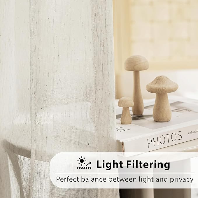 FMFUNCTEX Linen Sheer Curtains for Bedroom, Beige Curtains 96 Inches Long Semi Sheer Draperies for Living Room, Natural Cream White Light Filtering Farmhouse Curtain, Grommet Top 2 Panels