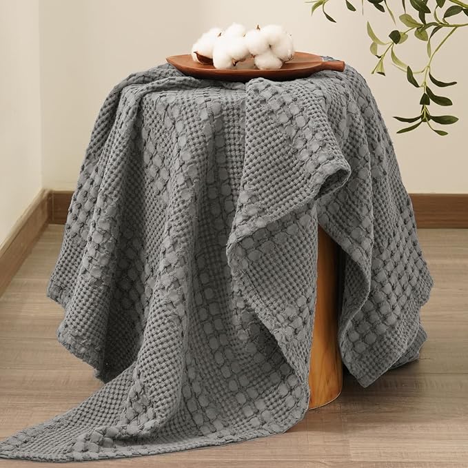PHF 100% Cotton Waffle Weave Throw Blanket, Soft Lightweight Breathable Cozy Summer Throws for Couch Bed Sofa, Luxury Aesthetic Woven Blanket for Home Decor & Office, 50"x60", Dark Grey