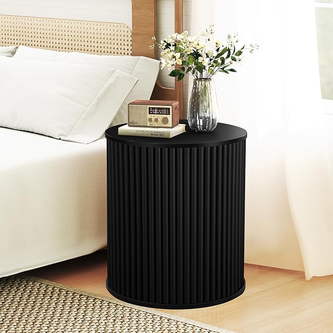 AVZEAR Fluted Round Side Table with Storage, Small Mid Century End Table Fluted Nightstands, Modern Circle Bedside Tables Wood Night Stand for Small Spaces, Living Room, Bedroom (Black)